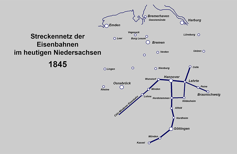 Streckennetz Niedersachsen um 1845